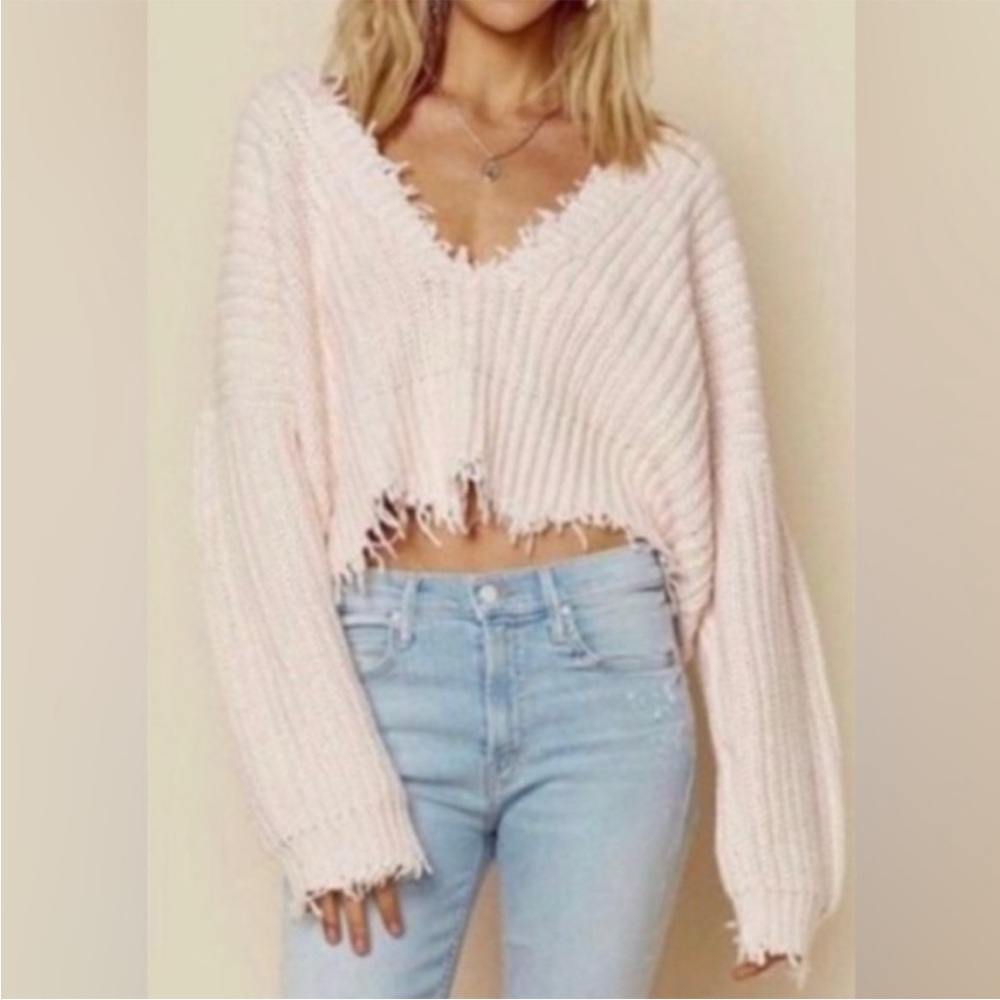 Wildfox Palmetto Reversible Knit Sweater Blush Pink V-Neck Sweater Distressed XS